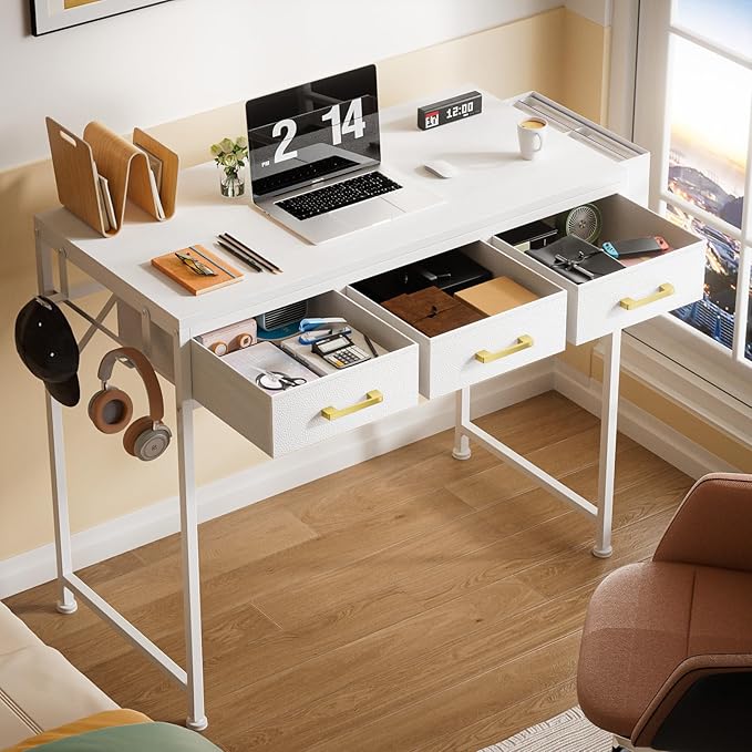 Small White Computer Desk with 3 Fabric Drawers for Home Office Bedroom Vanity Desk with Drawer Storage and Side Pouch Study Writing Table for Small Spaces White