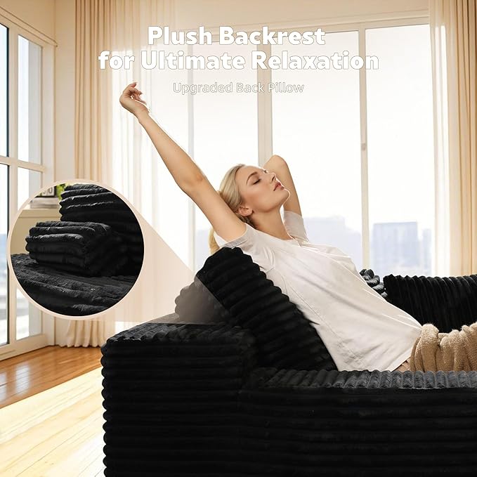 67x48 Oversized Chaise Lounge Chair Indoor Upholstered Sofa Bed with Plush Faux Fur Sleeper Couch Reading Chair Fluffy Cloud Sofa for Living Room Plush Black