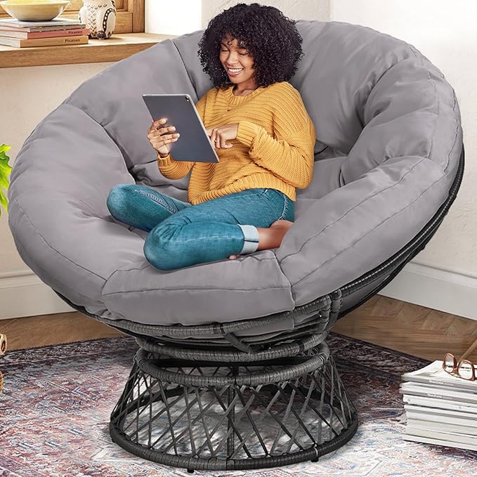 46 Giant Oversized Rattan Papasan Chair with Cushion and Frame for Adults Fluid 360° Swivel Waterproof Grey Frame with Light Grey Cushion