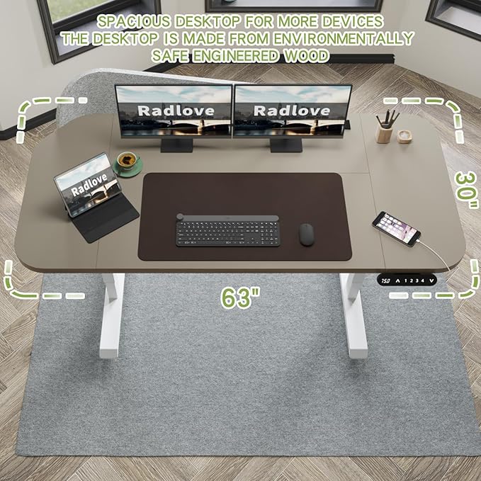 Radlove Electric Standing Desk 63 x 30'' Ergonomically Curved Desktop with Outlet Lockable Casters 4 Memory Keys Easy to Set Home Office Desk Beige Top White Frame Grey Privacy Panel