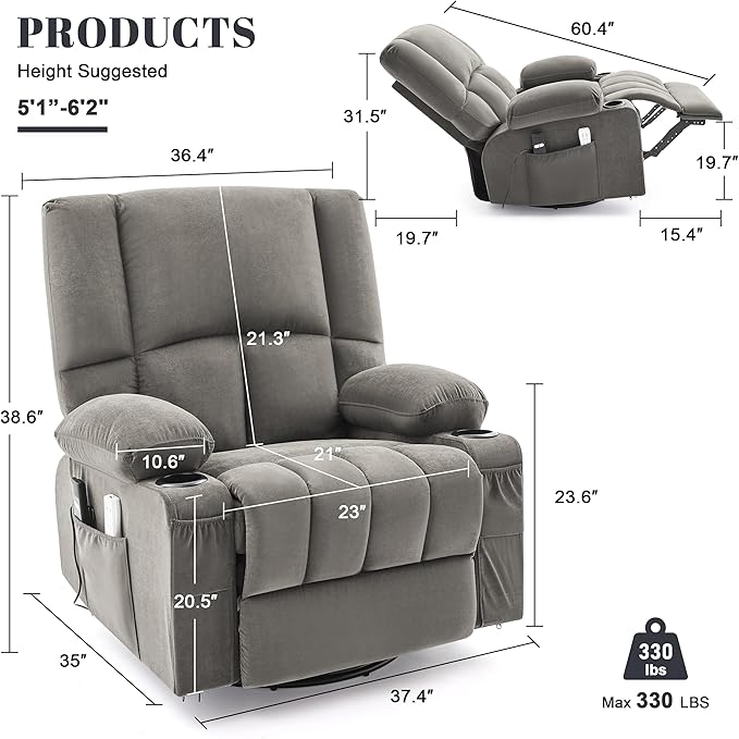 Oversized Recliner Chairs for Adults 270° Swivel Rocker Recliner with Heat and Massage Lazy Boy ReclinerRecliner Chairs Single Sofa Seat with Cup Holders (BlackGrey)