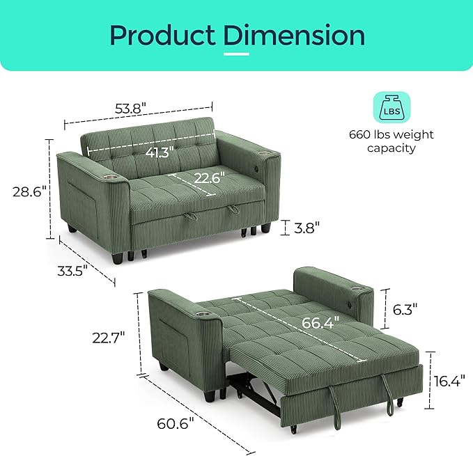 LINSY 3-in-1 Convertible Sofa Bed 54 Pull Out Sleeper Sofa with Charging Station &amp Cup Holder Small Corduroy Couch Folding Loveseat with Side Pocket for Small Space Green
