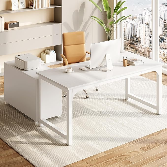 Little Tree 63-Inch L-Shaped Office Desk Wooden Office Desk with Drawers Large Home Office with Storage Shelf Corner Computer Desk for Home Office Bedroom White