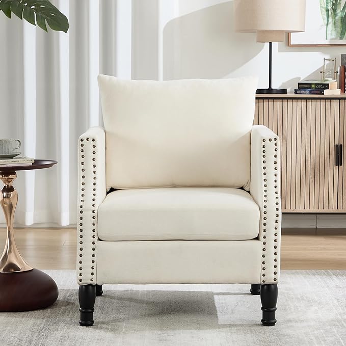ABET Linen Accent Chairs Set of 2 Mid-Century Modern Reading Armchair with Removable Lumbar Pillow Upholstered Side Sofa Chair for Living Room Bedroom Beige