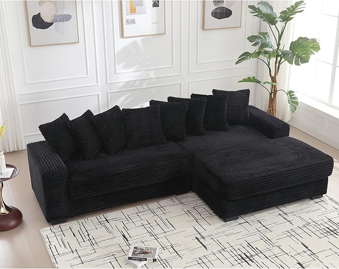 111 Inch Corduroy Sectional Couches for Living Room | L-Shaped Sectional Couch with 8 Pillows | Cloud Couch with Deep Seat | Solid Wood Frame Sofa Black (Right Facing Chaise)