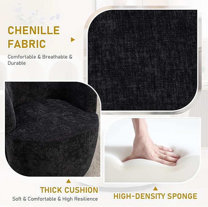 Swivel Accent Chair360 Degree Chenille Small Swivel Barrel ChairUpholstered Comfy Arm ChairModern Round Swivel Bucket ChairSingle Sofa Chair for Living RoomBedroomNursery(Black)