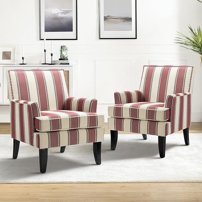 HULALA HOME Modern Accent Chair for Living Room Upholstered Fabric Single Sofa Chair Wingback Armchair with Wooden Legs for Bedroom Office Reading or Waiting Room Stripe Red