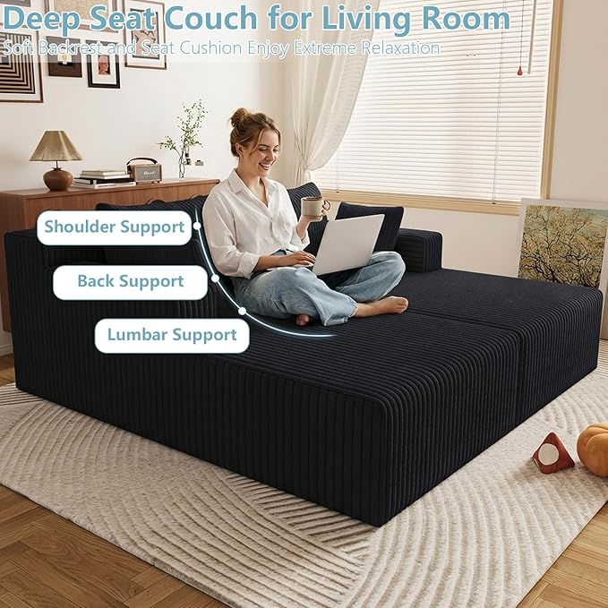 71Oversized Chaise Lounge ChairSectional Double Lounge Chaise with Pillows Upholstered Corduroy Boneless Lounge Chair Fluffy Modern Loveseat Sleeper Sofa for Living Room or Bedroom (Black)