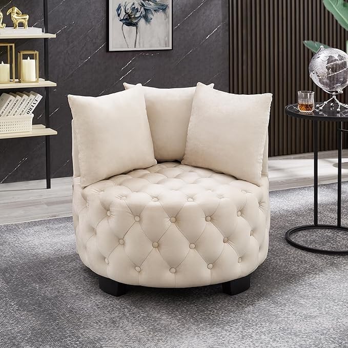 Velvet Accent Lounge Chair - 31.25''W Upholstered Button Tufted Velvet Barrel Chair with 3 Pillows with Button Tufted Modern Round Club Chair Reading Sofa Chair (Beige)