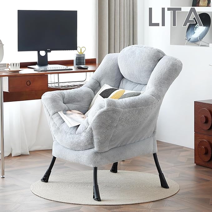 LITA Lazy Chair with Armrests and Side Pocket Modern Upholstered Accent Reading Chair for Living Room Bedroom Dorm Small Spaces Single Plush Grey