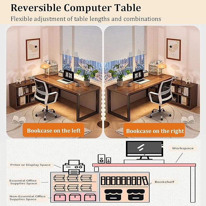 L-Shaped Computer Desk with StorageCorner Desk with 2-Tier Storage ShelvesReversible Home Office DeskModern Wood PC TableLarge Study Writing Table for Small Space