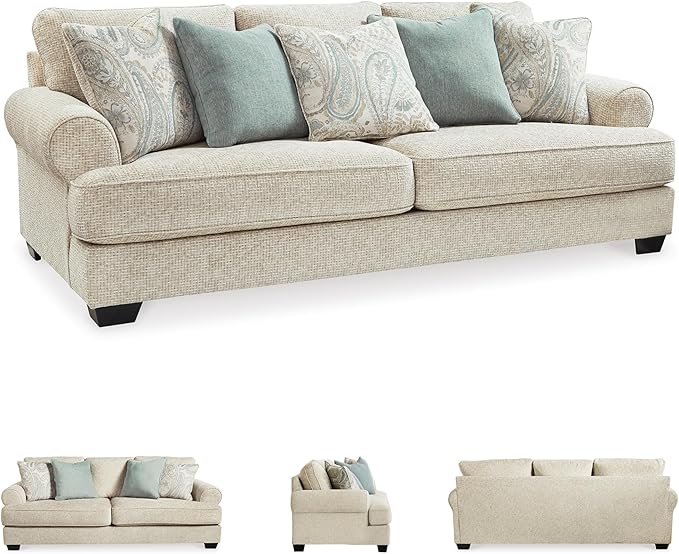 Signature Design by Ashley Monaghan Vintage Sofa with Accent Pillows Reversible Cushions and Rolled Arms Beige