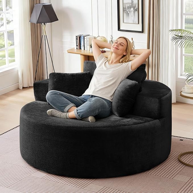 Modern Round Accent Sofa Chair for Living Room Upholstered Soft Terrycloth Barrel Lounge Arm Chair with Large seat&ampThrow Pillows for Bedroom Office Apartment Black