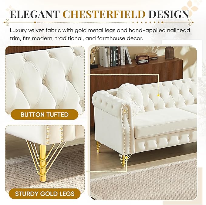 2 Pieces Chesterfield Sofa Set 2 &amp 3 Seater Comfy Tufted Velvet Couch with Rolled Arms &amp Pillows Mid Century Modern Couch and Loveseat Sets Retro Gold Couches Living Room Furniture (Beige)