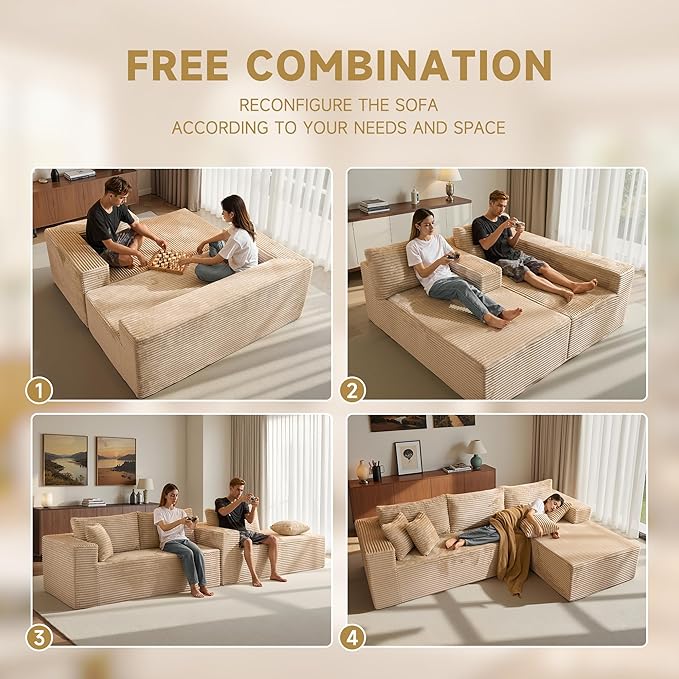108 Modular Cloud Sofa High-Density Foam Sectional Couch Oversized Convertible L-Shaped Sofa Bed with Plush Fabric Deep Seats Wide Armrests Boneless Couches for Living Room Beige