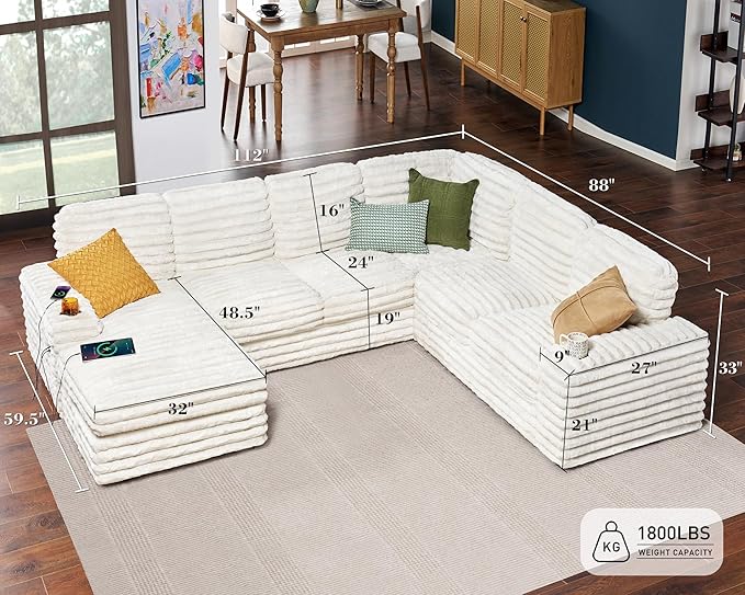 PaPaJet U Shaped Couch 112 Inch Oversized Couch with Storage Sectional Sofa with Cup Holders &amp 2 USB Ports Faux Fur White Sofa