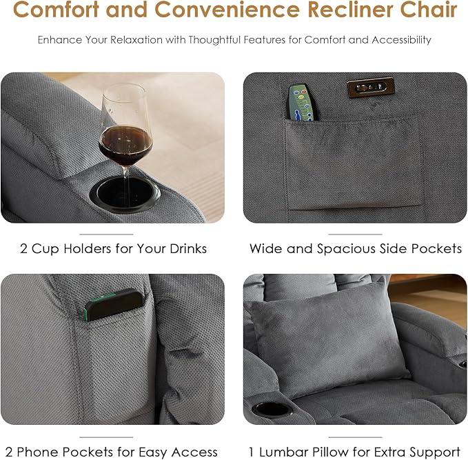 SAMERY Power Recliner Chair Set of 2 Electric Wall Hugger Recliners with Massage &amp Heat Comfy Reclining Sleeper Chair Movie Sofa Home Theater Seat with Cup Holders/USB Port/LED Light/Lumbar Pill
