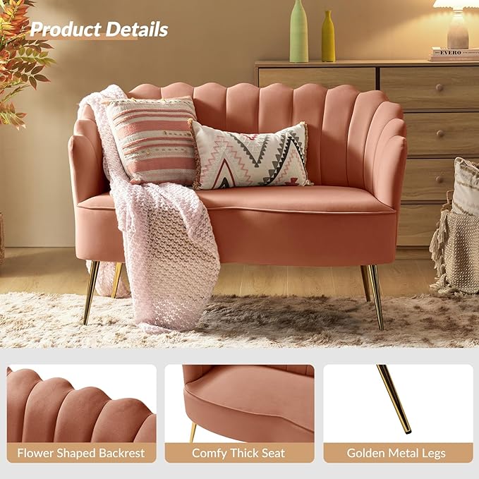 Velvet Upholstered Loveseat Sofa with Gold Metal Legs Modern Comfy Small Love Seat with Flower Shaped Back 2-Seater Sofa Accent Couch for Living Bedroom Leisure Areas Coral