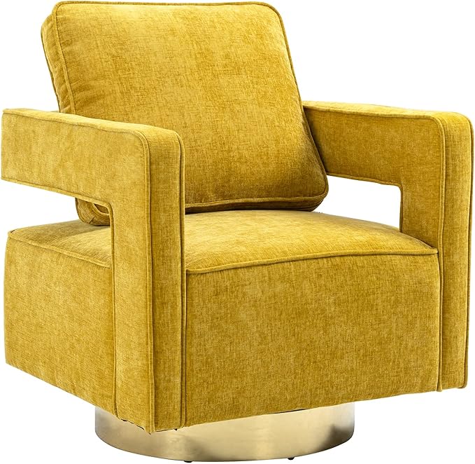 30.7 W Swivel Accent Open Back Chair Modern Comfy Sofa Chair with Gold Stainless Steel Base for Nursery Bedroom Living Room Hotel Office Club Chair Leisure Arm Chair for Lounge (Mustard Chenille)