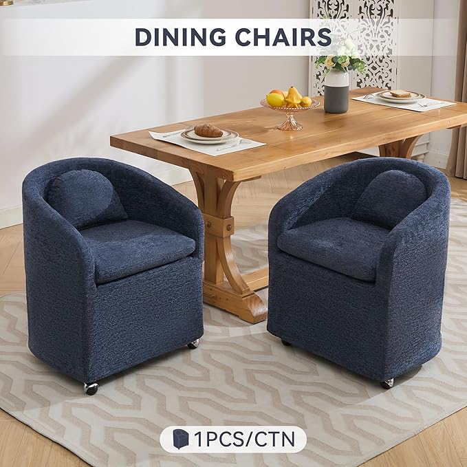 KEIKI Set of 1 Chenille Fabric Dining Armchair with Back Cushion and Universal Wheels Ergonomic Backrest 250 lbs Capacity Easy Assembly for Dining Room and Indoor Spaces