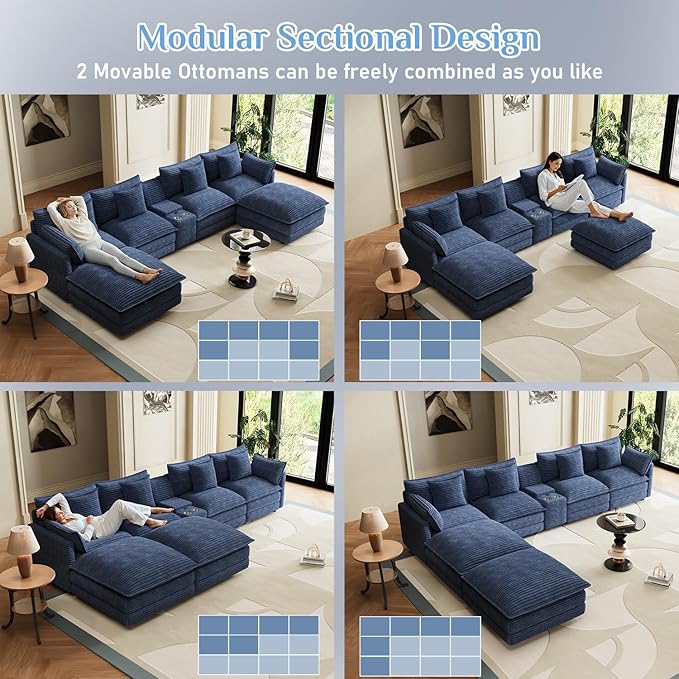143 U Shaped Cloud Couch Modular Sectional Sofa Set for Living Room Oversized Sofa Modern Sectional Couches Large Corduroy Deep Seat with Central Console USB Ports Ottoman Blue