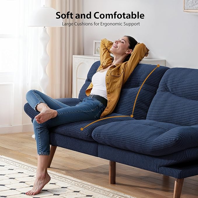Pipishell Futon Sofa Bed 66 Inch Corduroy Futon Couch Convertible with Adjustable Backrest and Armrests Recliner Sleeper Sofa for Small Spaces Living Room Office Guest Room (Blue 66 Inch)