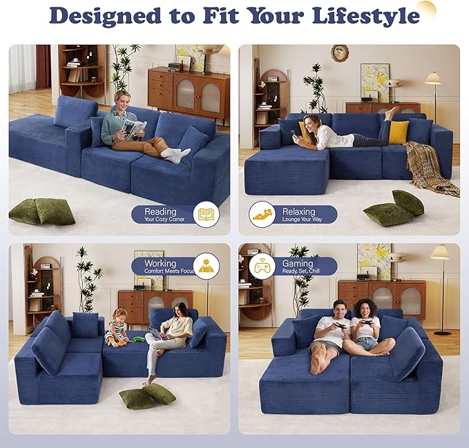 109” Cloud Sectional Couch Boneless Modular Sofa with L-Shape Chaise Deep Seat Corduroy Couch No Assembly Required Modern Upholstered Sectional for Living Room Apartment Bedroom