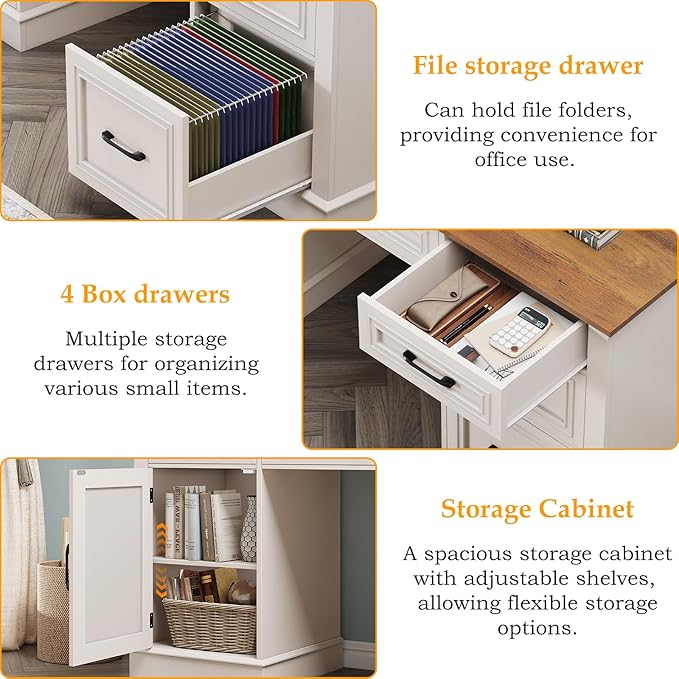 Vabches 67 H Farmhouse Executive Desk with Hutch.Wood Workstation with 5 DrawersStorage CabinetFile Drawers and Charging Station Ideal as Office DeskComputer Desk for Home Office Study(White