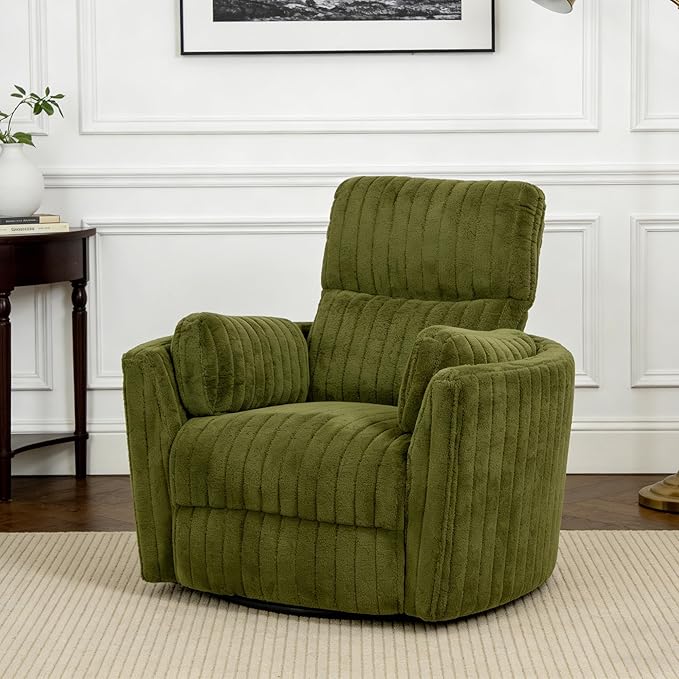 leovanni Power Swivel Rocker Recliner Chenille Upholstered Nursery Glider Rocking Chair with 2 Pillows USB Ports Electric Nursing Reclining Chairs Bedroom Living Room Olive Green
