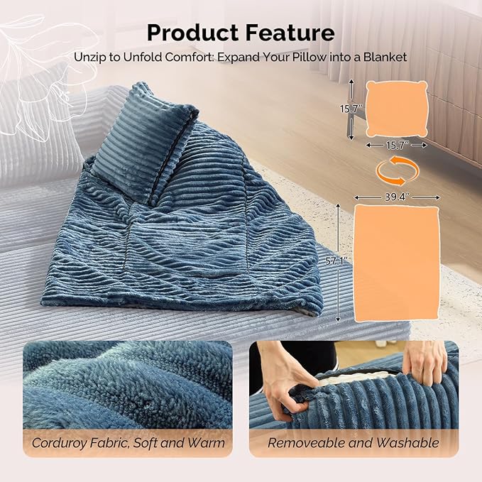 VINGLI Convertible Futon Sofa Bed Upholstered Corduroy Boneless Couch King Size Floor Loveseat Sleeper Sofa with 2-in-1 Throw Pillow Couches for Living Room Bedroom Lounge Navy Blue
