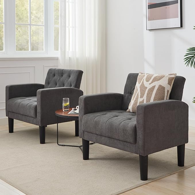 TYBOATLE Accent Chairs Set of 2 Mid Century Modern Upholstered Tufted Living Room Chair for Bedroom Armchair for Waiting Room Reading Chair for Office Grey