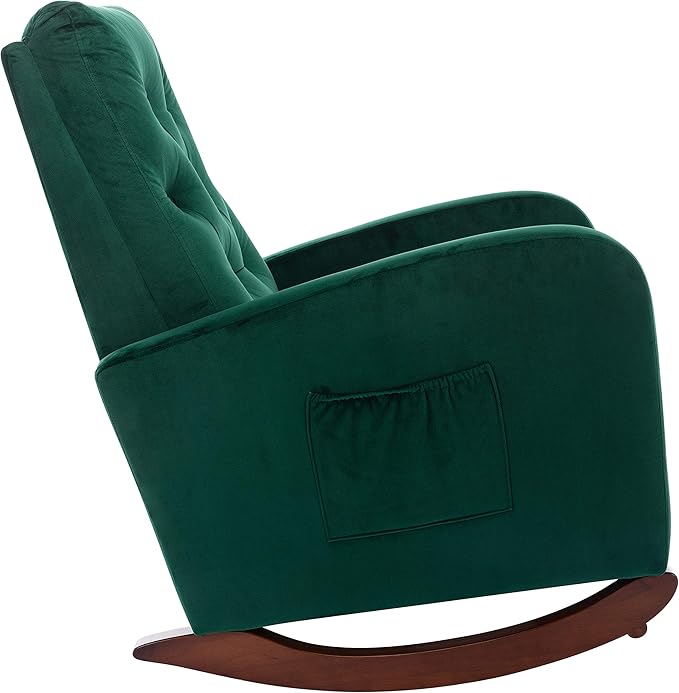 Cozy Velvet Reclining Rocking Chair with Side Storage Pocket Comfortable Button Tufted Rocker Elegant and Functional Rocking Recliner Chair Ideal for Living Room &amp Nursery Emerald