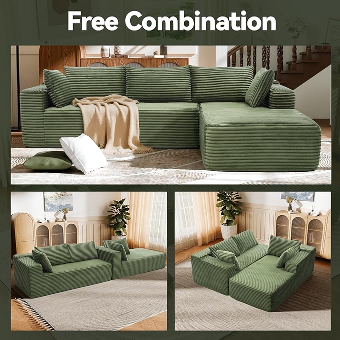 106 Modular Sectional Sofa Green Corduroy Cloud Couch with Left Chaise Deep Seat Boneless Floor Sofa for Living Room High-Resilience Foam Support No Assembly Required Includes Pillows | Sectiona