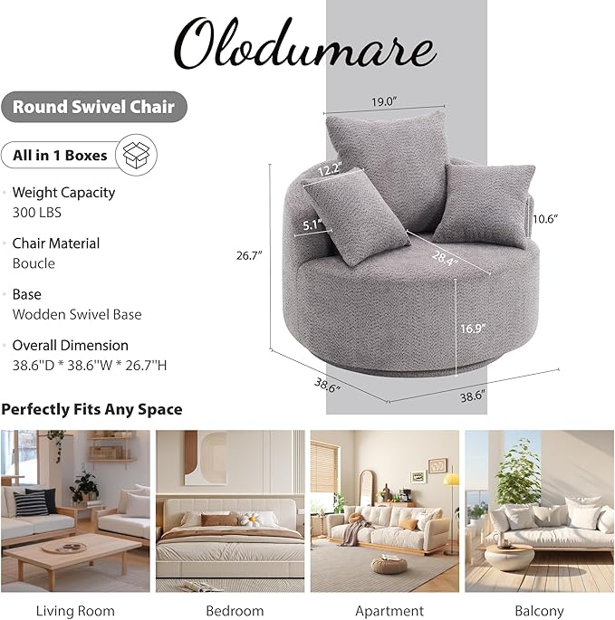 Modern 39 Swivel Barrel Chair Comfy Boucle Upholstered Accent Chair with 360° Rotation Single Sofa with 3 Pillows Ergonomic Design for Living Room Bedroom Office Gray