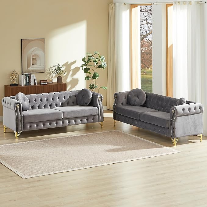 KEIKI 6 Seat Chesterfield Sofa Retro Style Upholstered 3+3 Seats Velvet Couch with Rolled Arm for Living Room Bedroom Office Gray