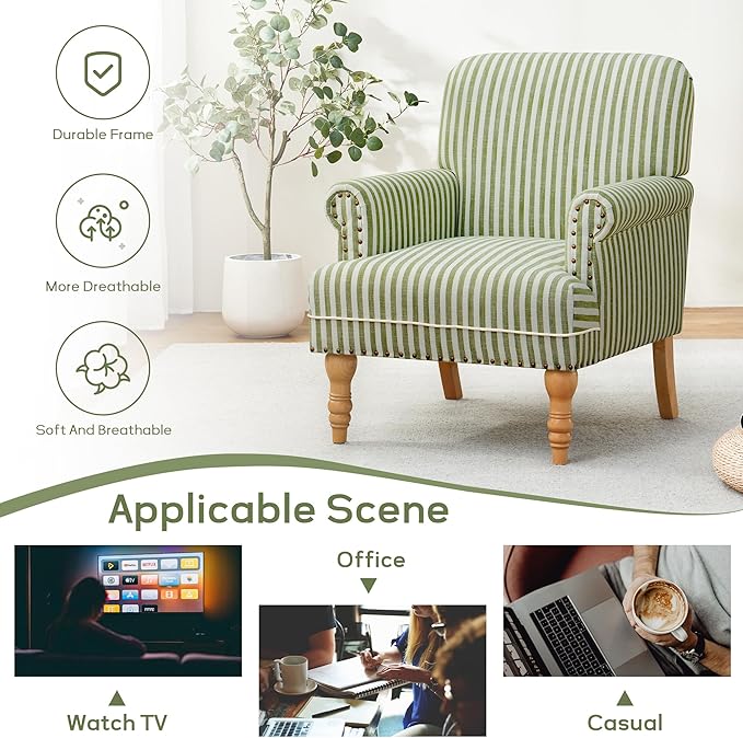 HUIMO Linen Fabric Accent Chair Mid-Century Modern Upholstered Armchair with Solid Wood Legs Comfy Reading Club Chair for Living Room Bedroom (2 Green and White Stripe)