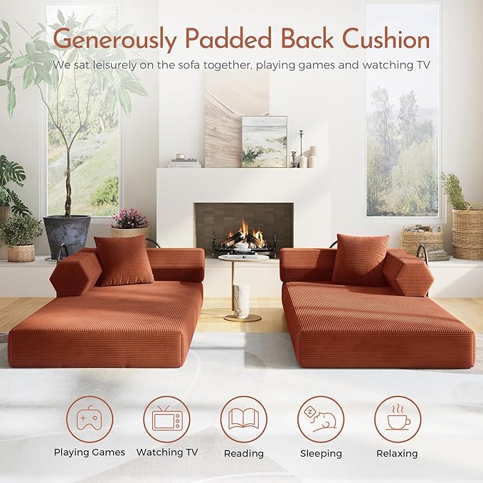 79'' Convertible Sofa Bed 5-in-1 Folding Sleeper Couch with Pull Out Bed Corduroy Modular Floor Sofa No Assembly Space Saving Guest Bed for Living Room Apartment Bedroom (Orange1) | Convertible Sof