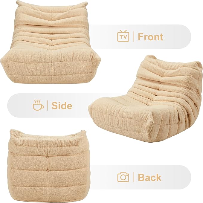 Bean Bag Chairs for Adults Giant Bean Bag Chair Memory Foam BeanBag Chair Bean Bag Sofa with Filler Faux Fur Fireside Beanbags Lazy Sofa for Living Room Bedroom Office (Khaki Teddy Single)