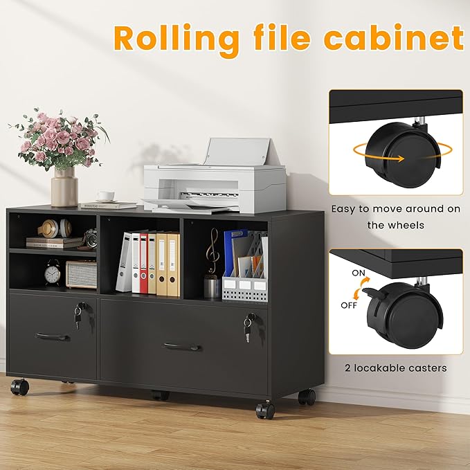 2 Drawer Wood Mobile Large Lateral File Cabinet Lockable Rolling Filing Cabinet with Storage Shelves Printer Stand Office Storage Cabinet for Home Office Fits Files Legal/A4 Black