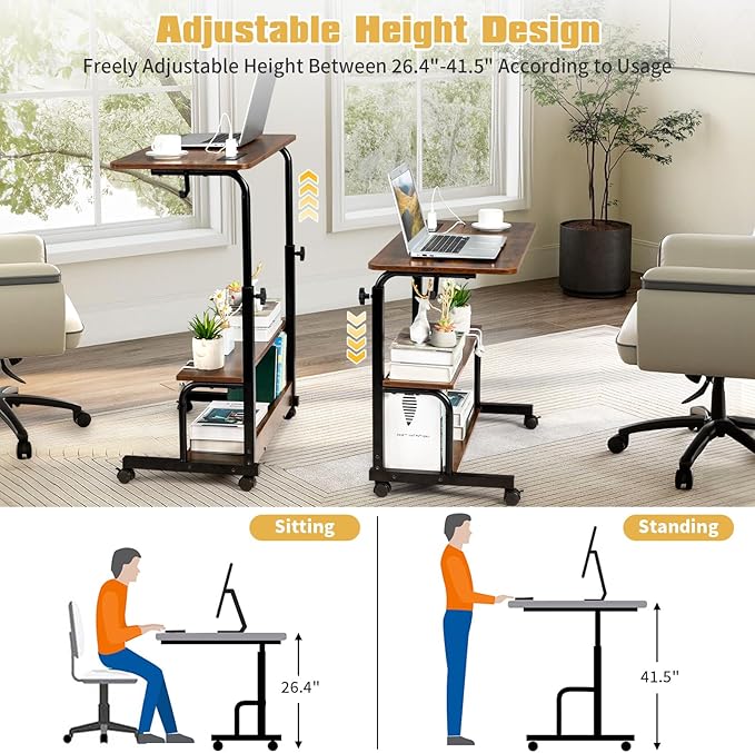 Vasitelan Mobile Computer Desk for Small Space Rolling Writing Desk with Wheels Home Office Study Portable Storage Gaming Table with 3 USB + 2 AC Outlets (Brown)