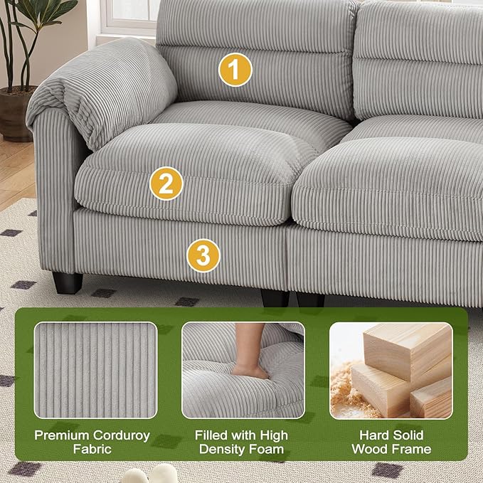115” Modular Sectional L Shaped Corner Sofa Corduroy 6-Seater Couches with Thick Cushion for Living Room Grey