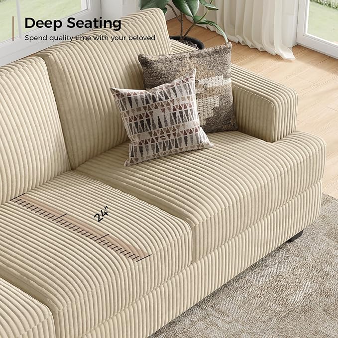 89 Inch Sofa with Extra Deep Seats Oversize 3 Seater Sofa for Living Room Modern Couch and Sofa Comfy Armrests and Seats and Backrests Easy InstallationWide Corduroy Fabric Beige