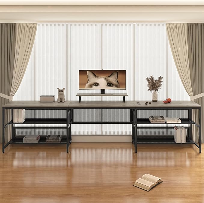 Penau U Shaped Computer Desk with LED Strip L Shaped Desk with Storage Shelves Vintage Style Home Office Gaming Desk