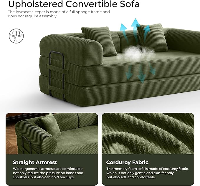 79 Convertible Sofa Bed with Fixed-Shape Frame &amp Removable Armrests Modular Corduroy Sleeper Sofa Folding Mattress Couch for Small Spaces - No Assembly Needed in Green (Includes 2 Pillows)