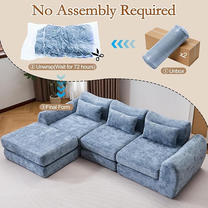 105” Modular Sectional Sofa Convertible Sofa BedTransforms into Single or Double Sofa Chenille Fabric Cloud SofaModern Soft Boneless Comfort No Assembly Required Blue