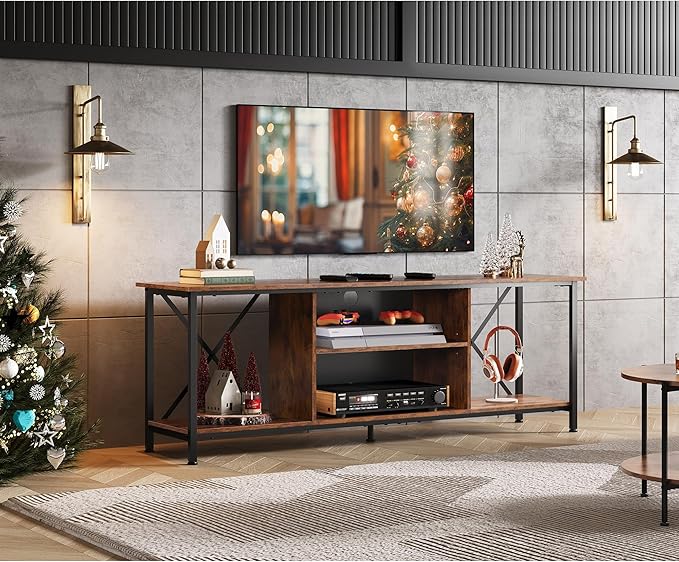 WLIVE Industrial TV Stand for Up to 65 inch TV Heavy-Duty Metal Frame Entertainment Center with Adjustable Shelves &amp Cable Management Media TV Console for Living Room Bedroom Rustic Brown