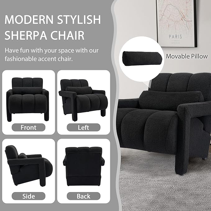 LOULENS Sherpa Accent Chair for Living Room Modern Upholstered Armchair with Thick Cushion and Pillow Comfy Teddy Chair for Bedroom Apartment Waiting Room Black