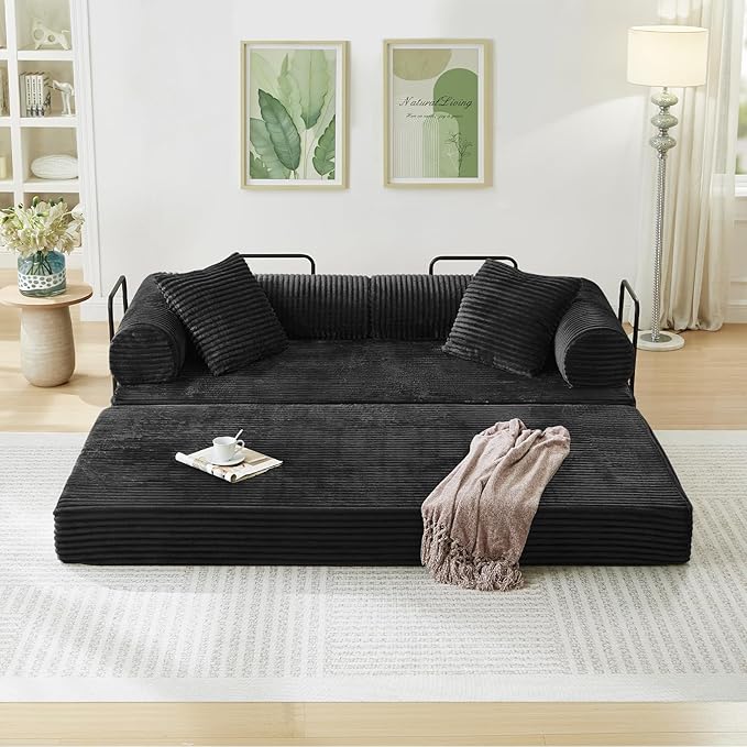 Modular Couch Bed Convertible Folding Plush Corduroy Comfy Floor Memory Foam Compression Loveseat Sleeper Sofa Couch King Size Bed for Guest Room Living Room Bedroom No Assembly Required Black