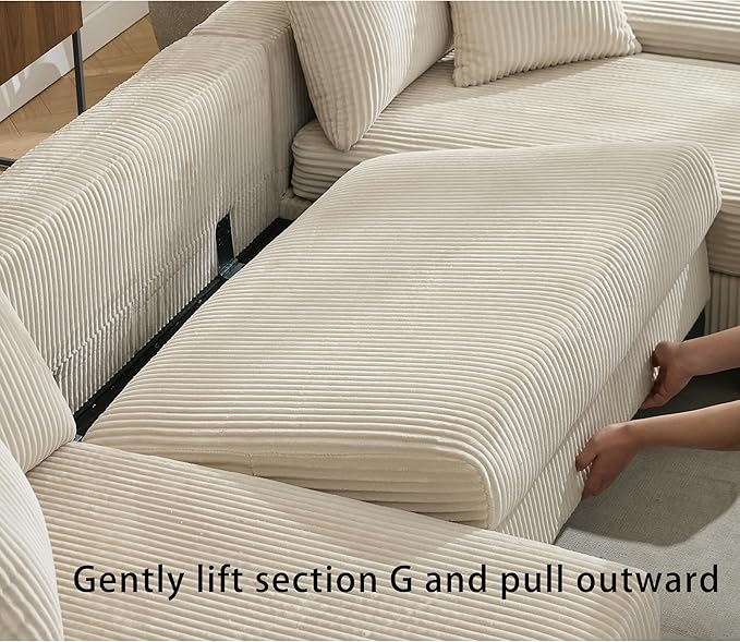 114 U-Shaped Sleeper Sofa with Pull Out Bed 3 in 1 Convertible Couch Bed Oversized Sectional Modular with Chaise Lounge Modern Comfy Plush Corduroy Black Couches for Living Room (Beige)