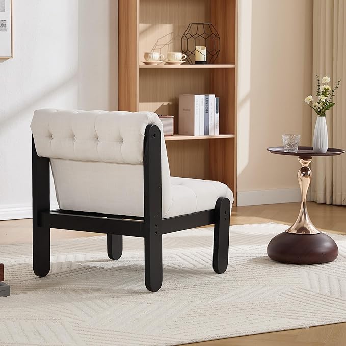 Modern Armless Accent Chair for Living Room Beige Chenille Button Tufted Upholstered Lounge Reading Chair with Black Wood Frame